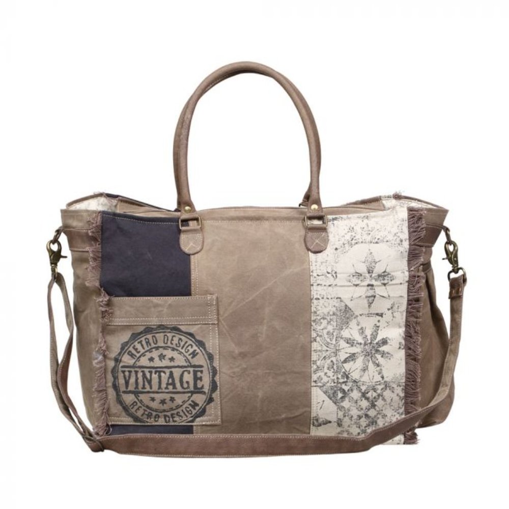 NEW Retro Print Canvas Leather Large Weekender - Picture 2 of 5